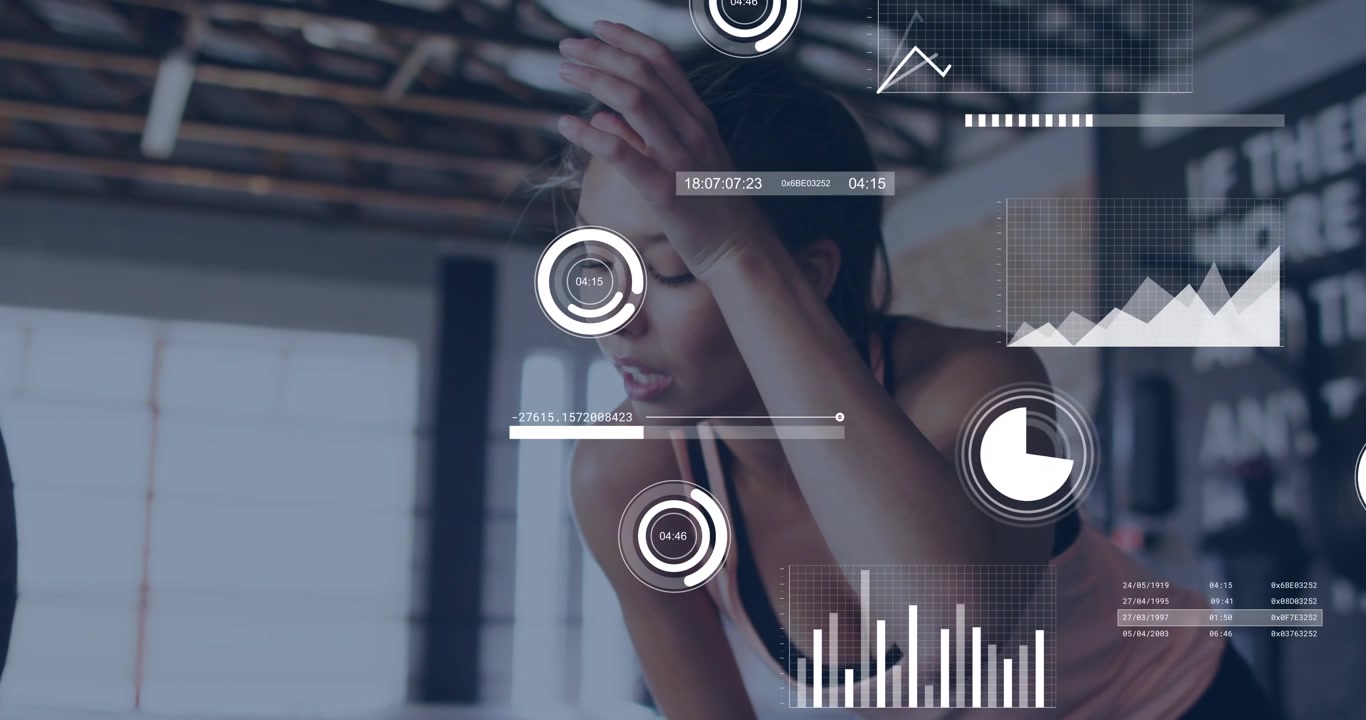 Young Woman Resting in Gym with Digital Performance Data Overlay