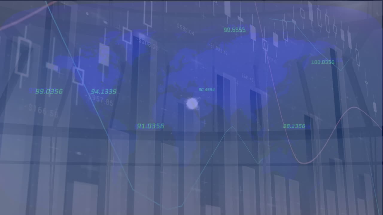 Animation of statistical data processing over spinning globe and world map against grey background