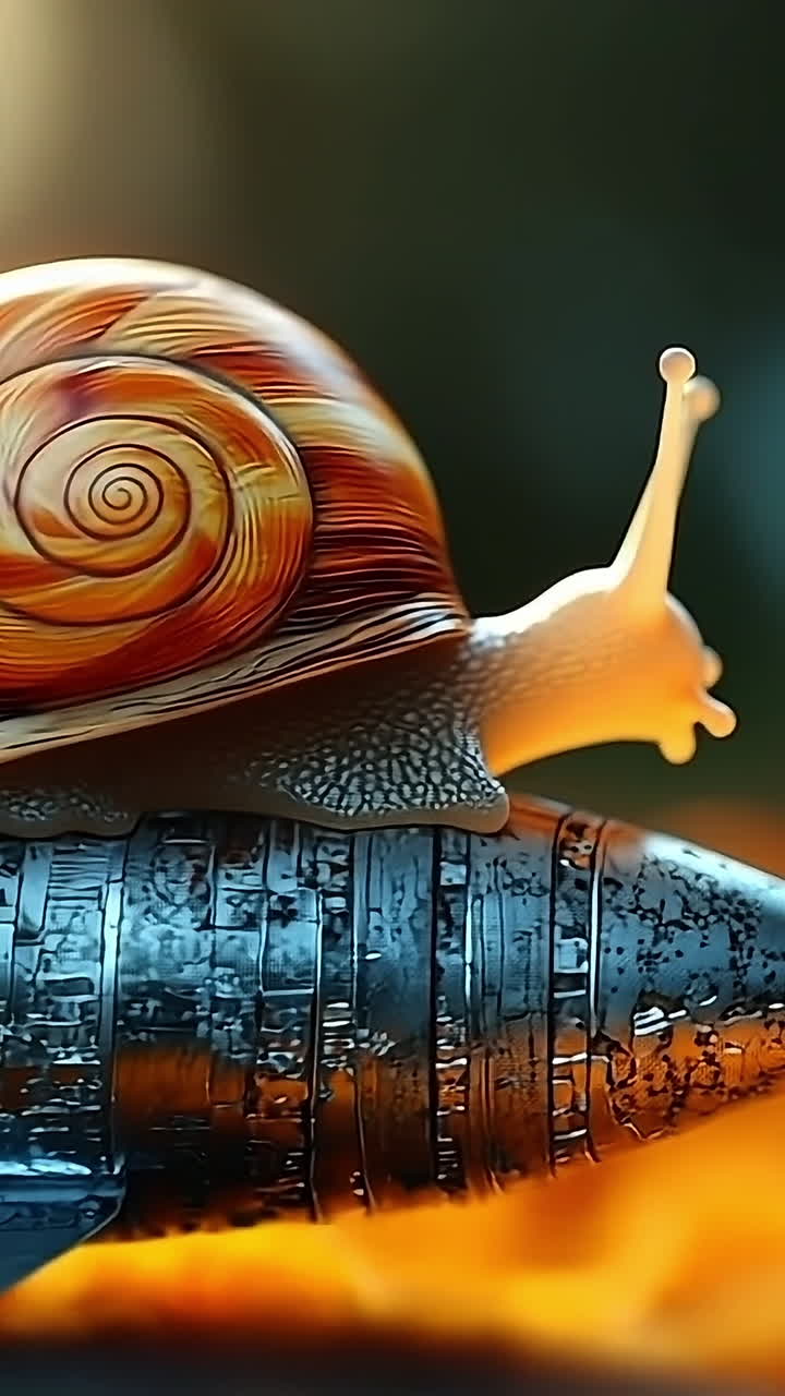 Snail on a rocket model. A colorful snail moves atop a metallic rocket in a vibrant outdoor setting during sunset.