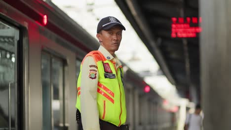 security officer at kampung bandan train station in north jakarta, indonesia. medium shot