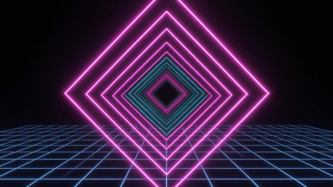 Animazione Synthwave retrò con forme di diamante al neon luminose