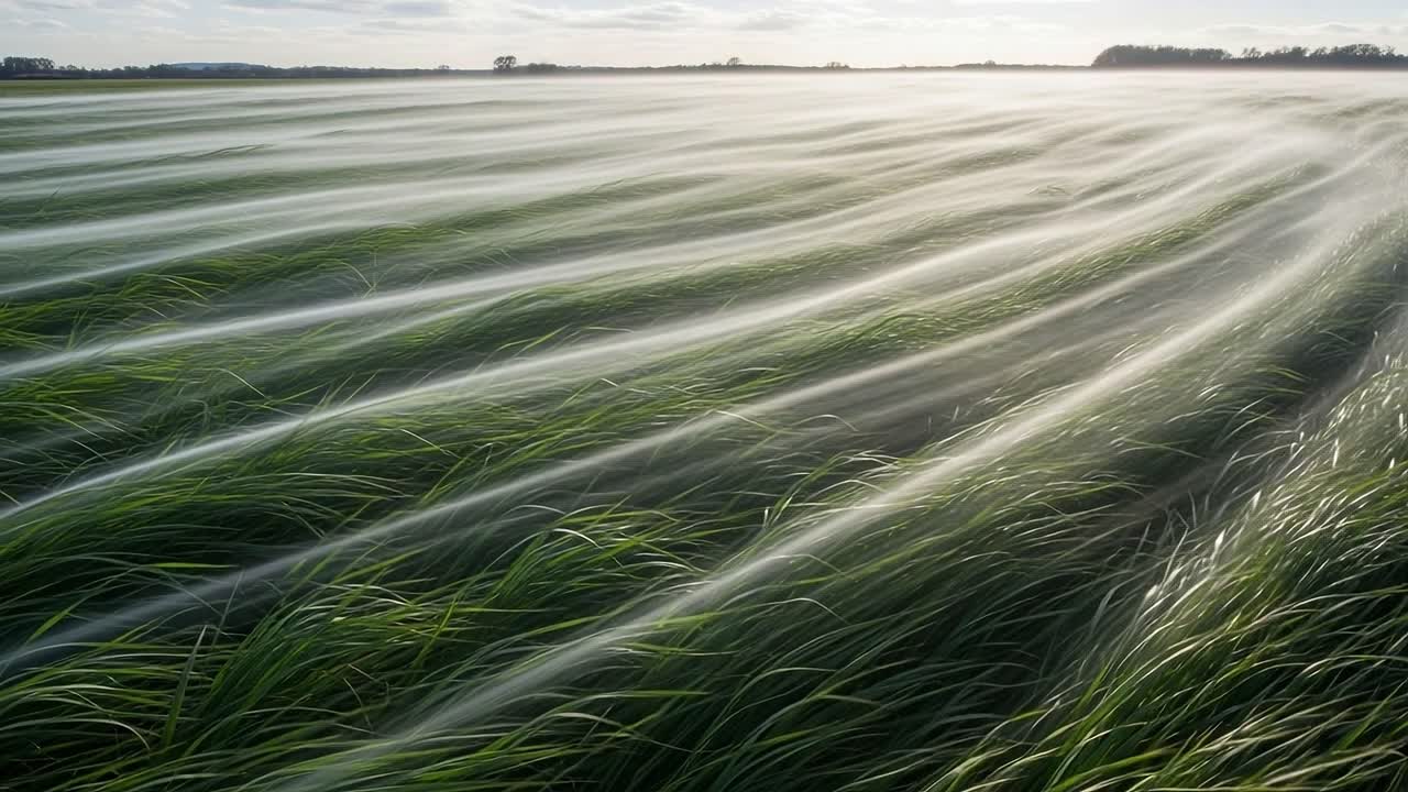 Capturing the Serenity of Waves in the Green Grassland: A Visual Journey Through Nature's Tranquil Beauty Bathed in Soft Light and Gentle Breezes