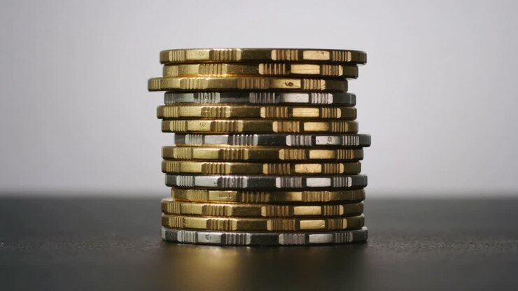 Vertical video: Gold-silver coins stacking on tabletop, frames adding coins showing finance growth