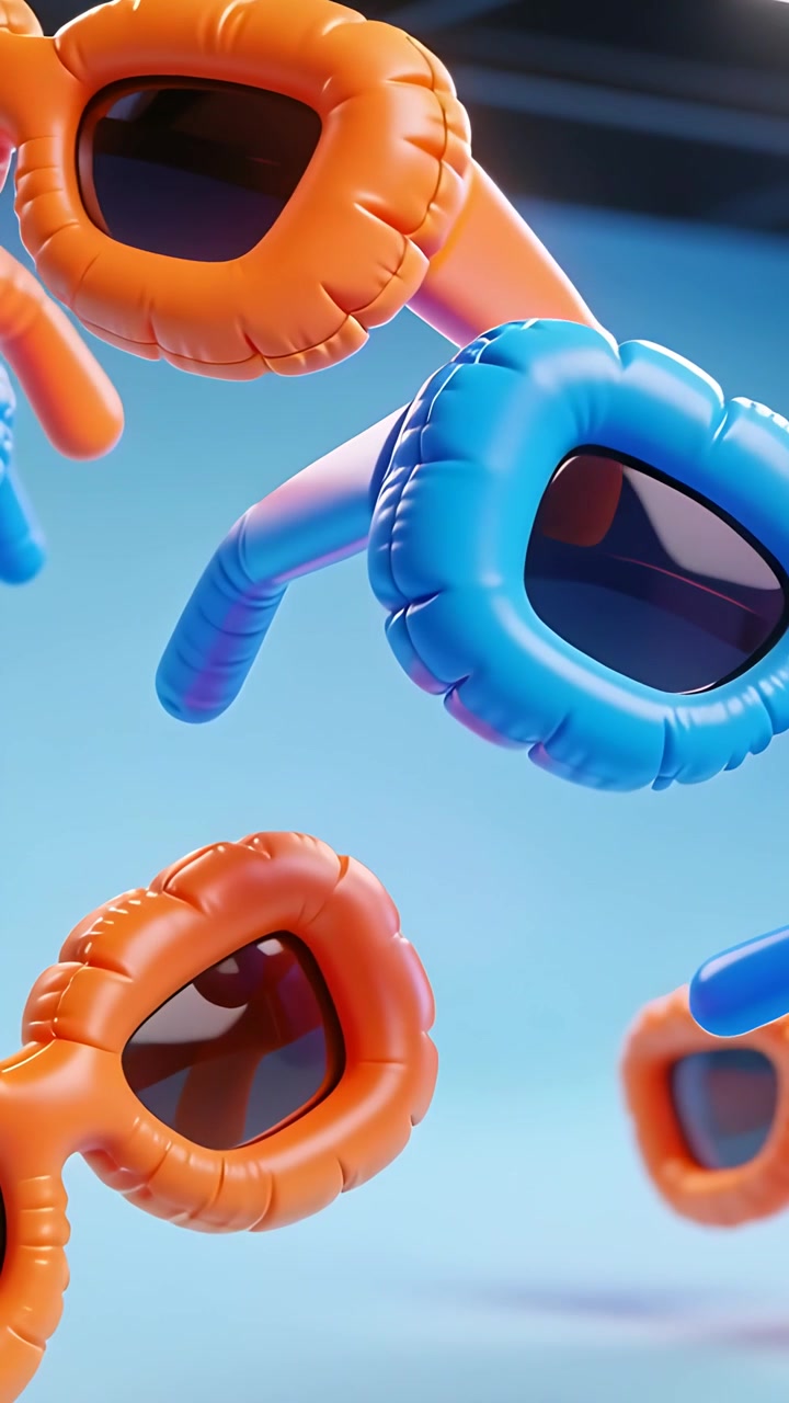 Vertical video: Opening frame one inflatable sunglasses drifting rotating in studio showing seams