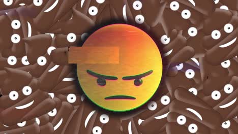 Digitale-Animation-Des-Glitch-Effekts-über-Dem-Emoji-Symbol-Mit-Wütendem-Gesicht-Vor-Mehreren-Poop-Emojis