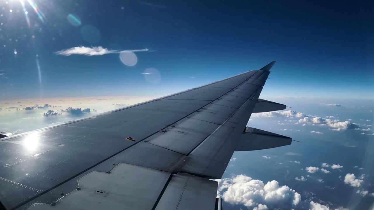 Ala destra di un aereo in volo che riflette il sole attraverso il finestrino del passeggero ad alta quota, con le nuvole sotto