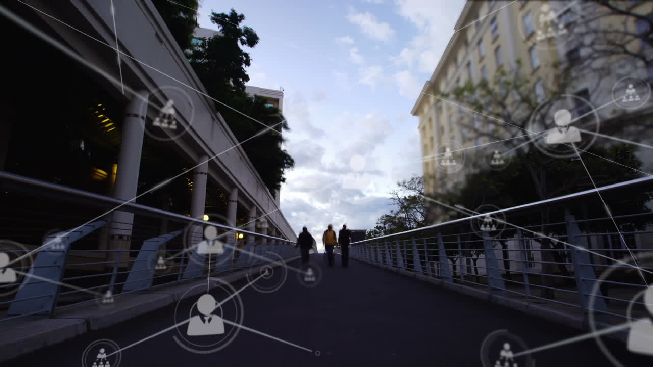 Animation of network of connections over cityscape