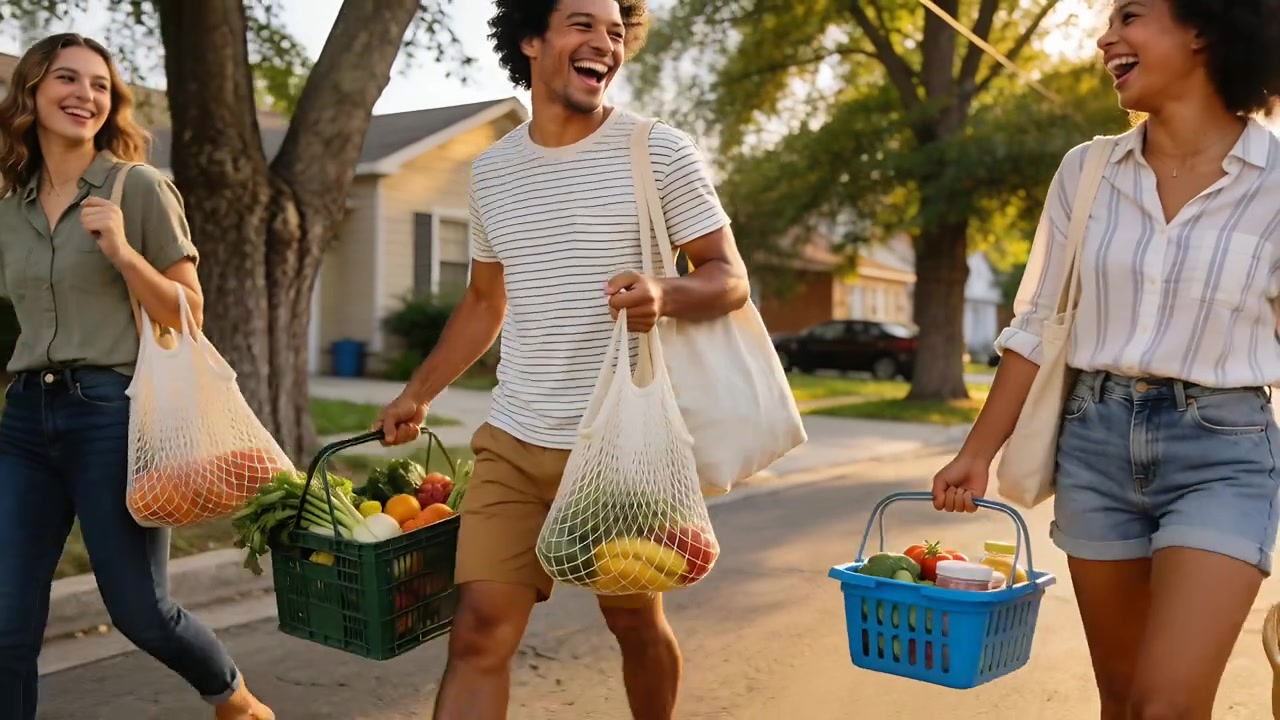 Leaving market, trio in casual wear walking local street carrying green crate blue basket mesh bags