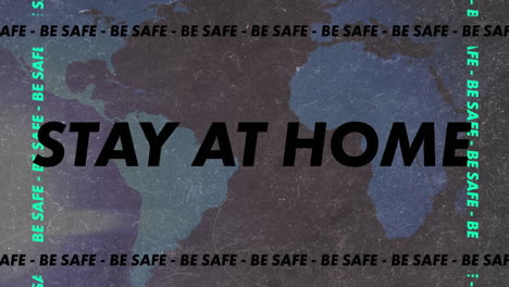 animación de texto de quedarse en casa sobre el mapa del mundo