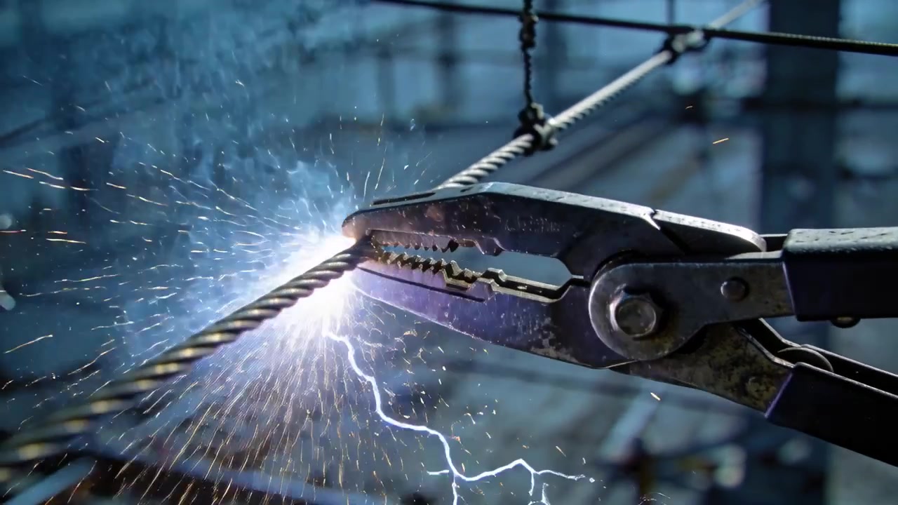 Contacting locking pliers clamping steel cable at industrial site, sparks and blue arc erupting