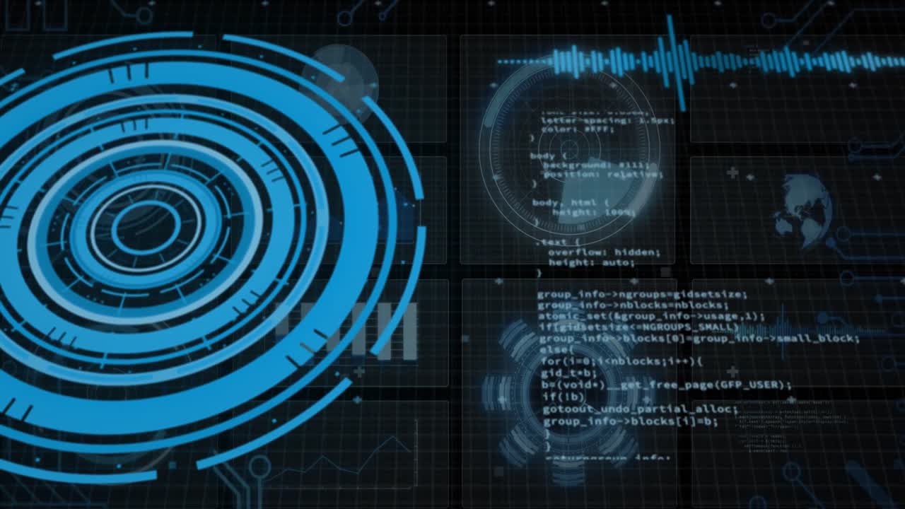Animation of interface with round scanner and data processing against black background