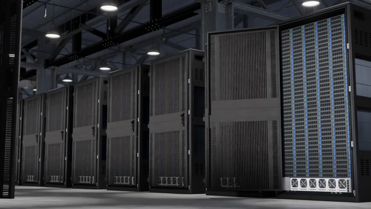 Row of data servers in warehouse , cloud computing - 3D render