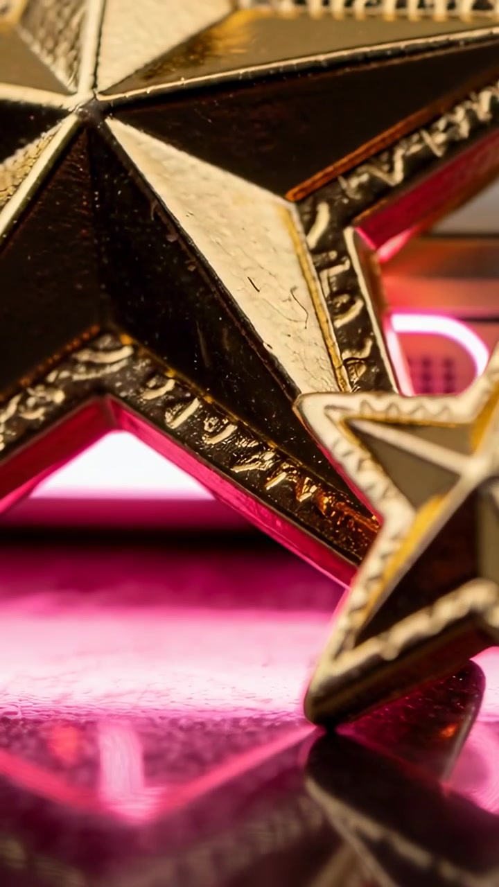 Video verticale: Telecamera che si allontana rivelando una stella d'oro su un tavolo color magenta, retroilluminazione rosa neon.