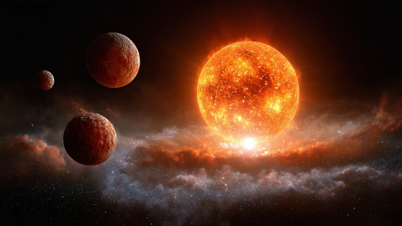 A Stunning Cosmic Display Featuring a Bright Star Surrounded by Planets in a Mesmerizing Interstellar Landscape Captured in Two Compelling Frames