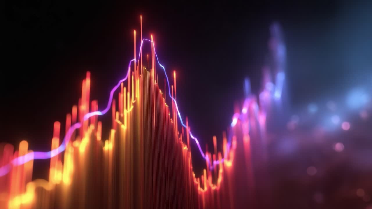 Un grafico digitale astratto sale con linee neon luminose. Le tonalità arancione caldo e viola freddo contrastano magnificamente. Un movimento fluido e scorrevole suggerisce la crescita dei dati o le tendenze finanziarie. Perfetto per il business.