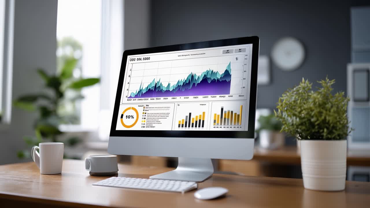 Analysis of Business Performance Metrics Displayed on a Modern Computer Monitor, Showcasing Statistical Graphs, Charts, and Data Visualization Techniques