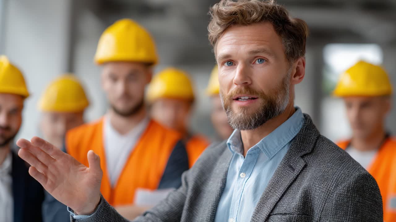 A confident leader addresses a group of construction workers wearing helmets and safety vests, emphasizing the importance of teamwork and safety in the workplace