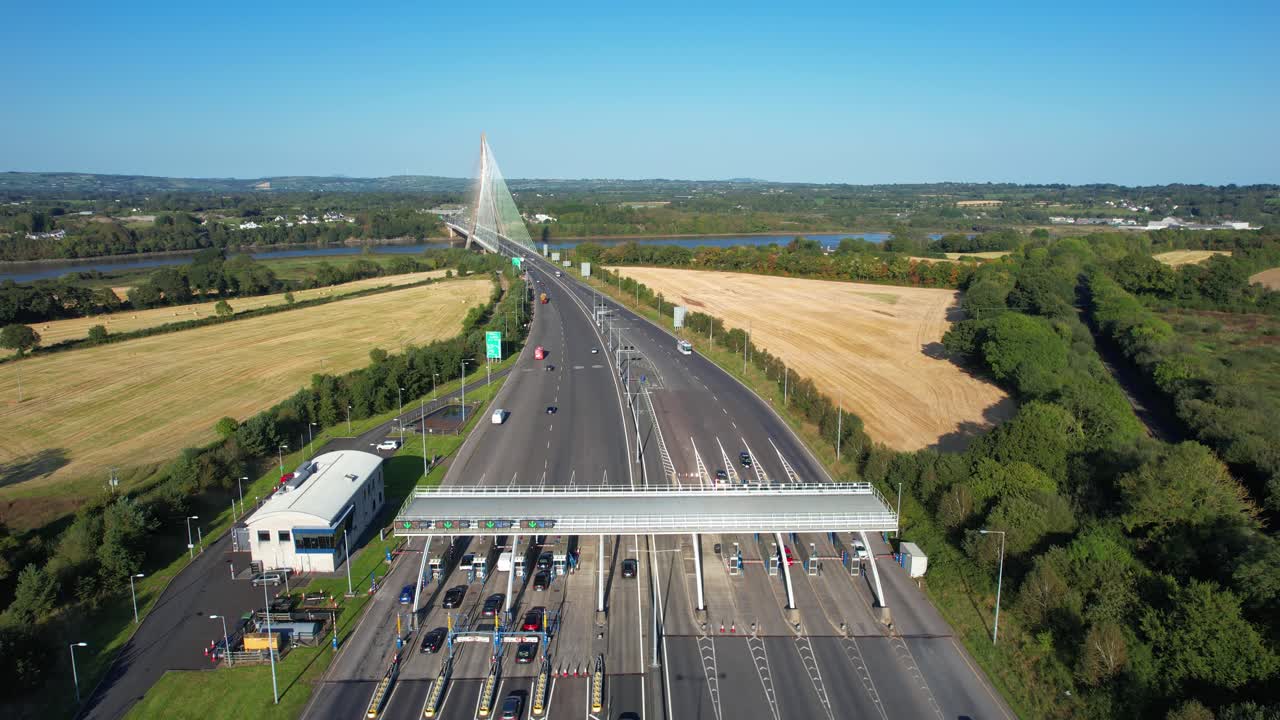 Aerial View of the N25 Rosslare Harbour Toll Plaza and Cable-Stayed Bridge in Ireland