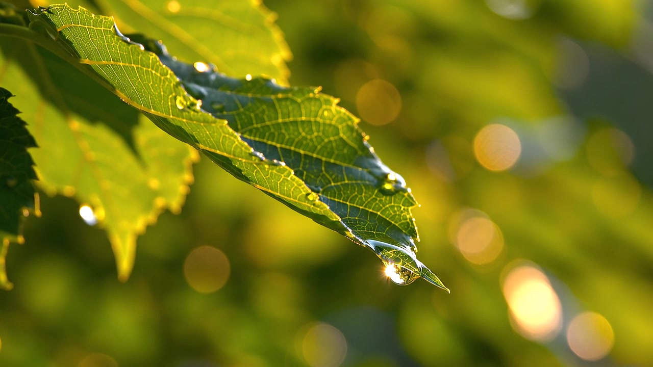 Dewdrop reflecting golden sunset light on green leaf tip