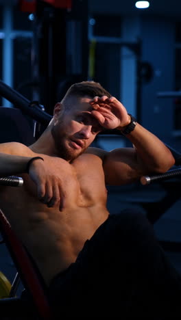 athlete in sports center. muscular guy on a sport simulator during workout. sportsman becomes tired during training and drinks water in gym. vertical video