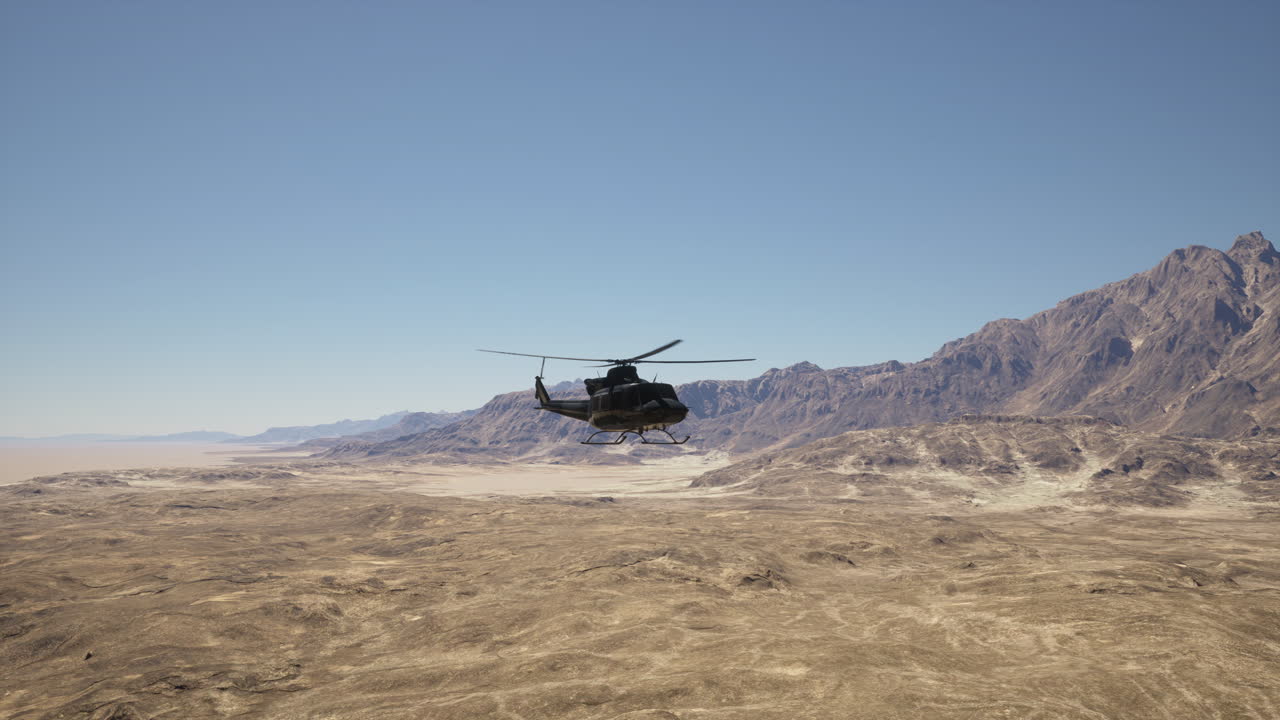 배경 에 산 들 이 있는 사막 을 날아다니는 헬리터