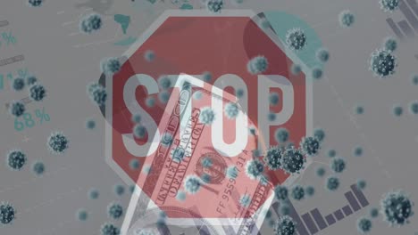 Animation-of-virus-cells-over-stop-sign,-money-and-white-background