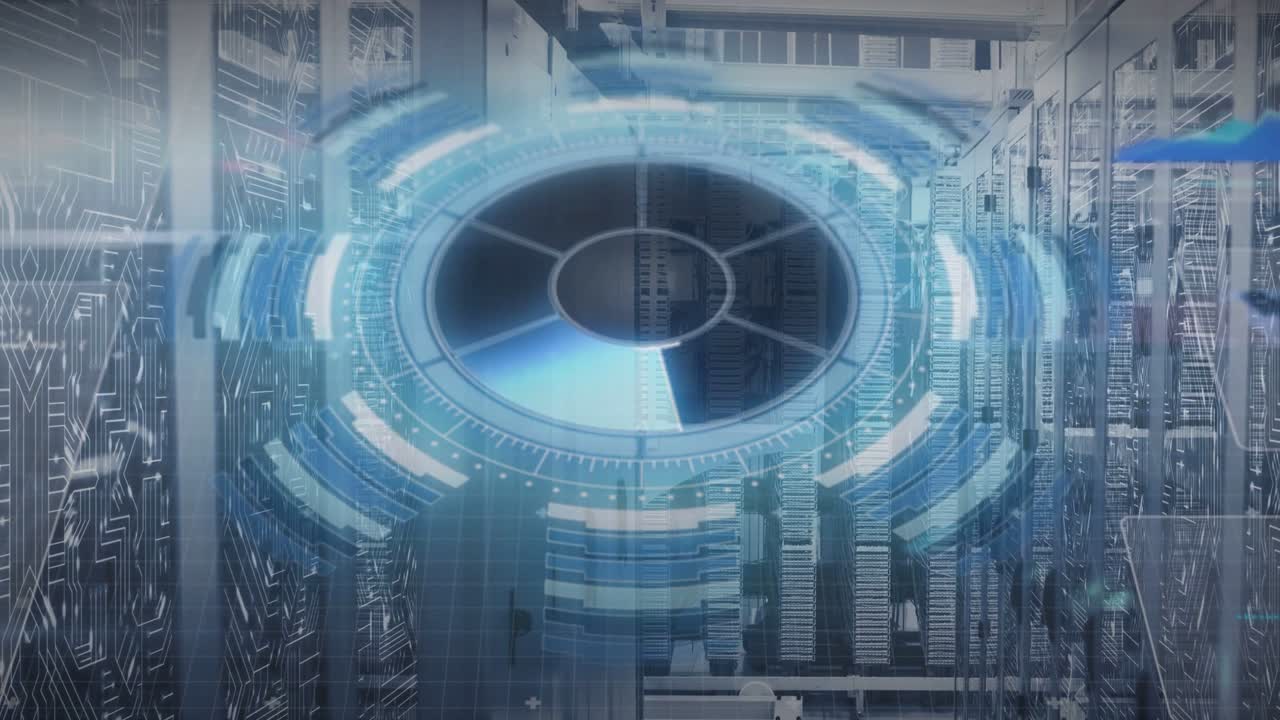 Boot signal activating holo disk, sweeping sectors and pulsing rings scanning racks for diagnostics