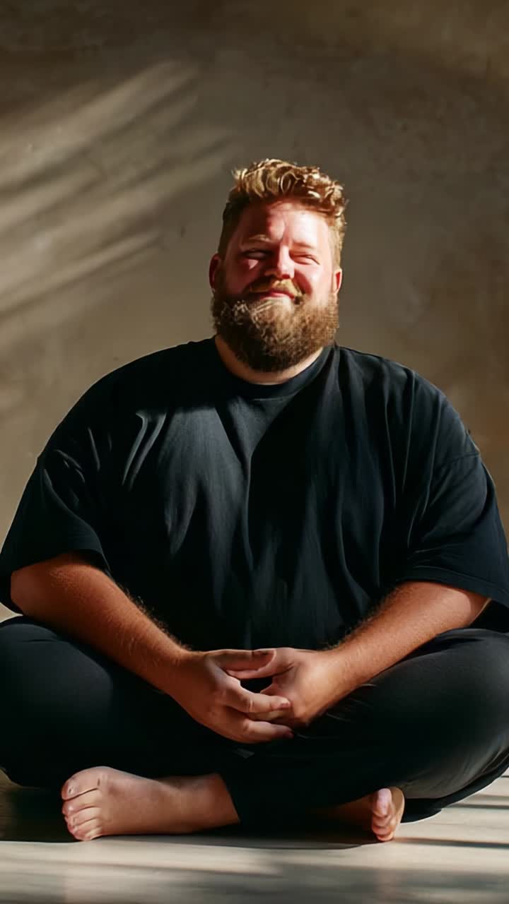 A Joyful Moment of Reflection: A Bearded Man Smiling Peacefully While Seated on the Floor in a Cozy, Softly Lit Room with Nature-inspired Shadows