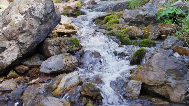 Clear mountain stream flows over mossy stones. Water splashes and sparkles in daylight. Nature's calm rhythm soothes the soul. Perfect for eco-tourism, wellness, or nature documentaries