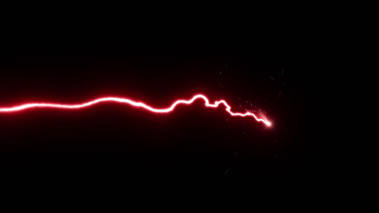 Dynamic red beam of electrical energy or lightning moves left to right on black background. VFX element for sci-fi, danger, or power concepts