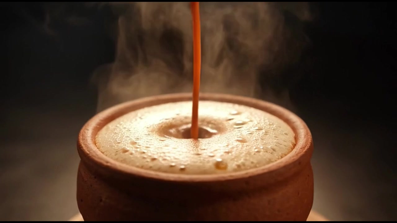 Masala Chai caldo versato in una tazza tradizionale di terracotta
