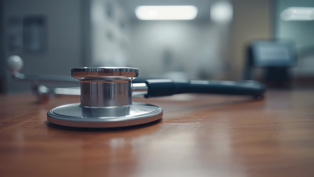 Câmera avançando, peça do estetoscópio focando na mesa da clínica, revelando detalhes em metal