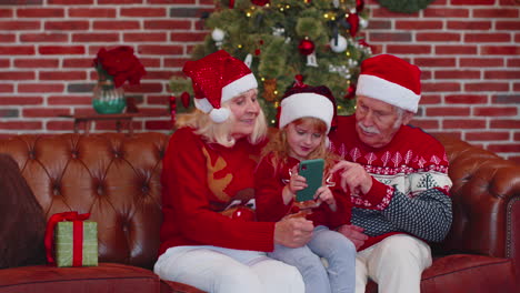 abuelos mayores de la familia, nieta compra regalos de navidad en línea en el teléfono móvil, compras