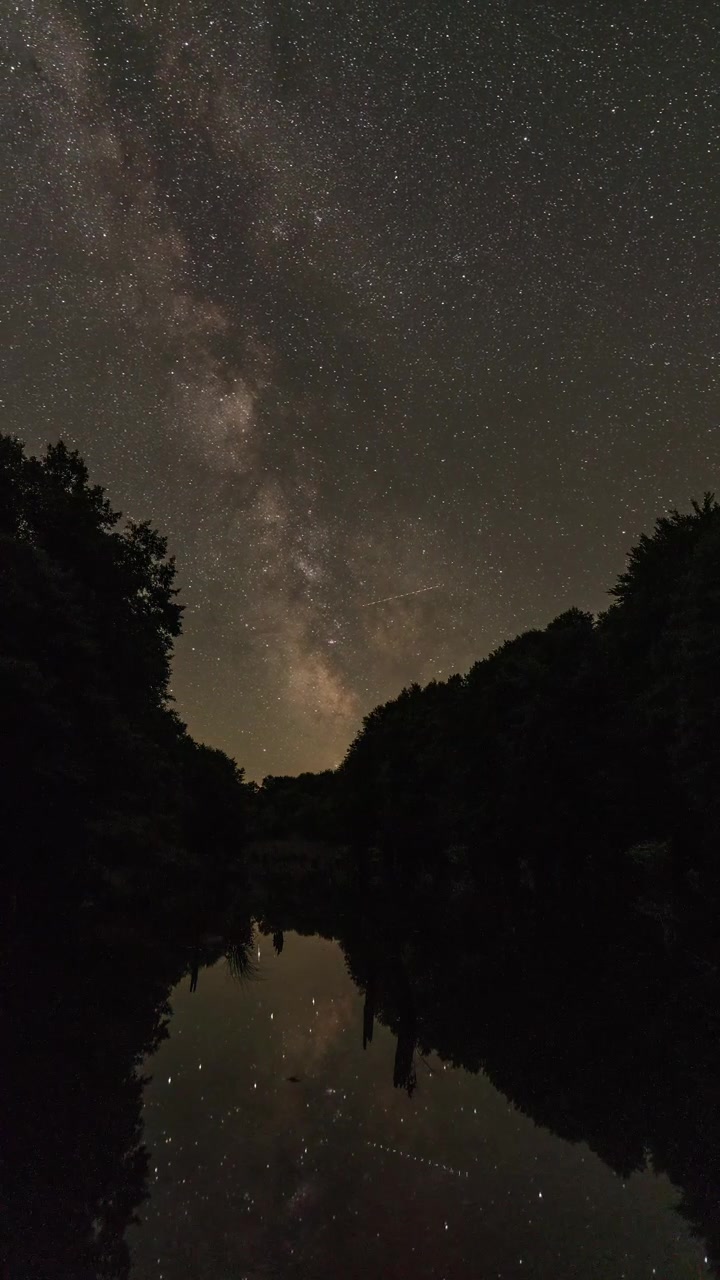 Un time lapse mozzafiato della Via Lattea che si estende attraverso un cielo notturno sereno sopra un paesaggio forestale tranquillo.