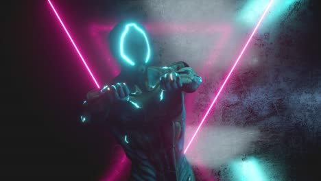 robot alienígena bailando en un fondo metálico con luces de neón brillantes. el concepto de alegría y victoria. bucle sin costuras 3d render