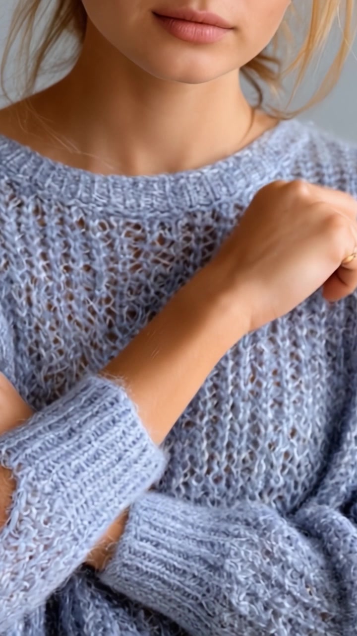 Primo piano della mano e del viso di una giovane donna che indossa un maglione morbido e testurizzato, evidenziando i dettagli del tessuto e la sua espressione naturale.