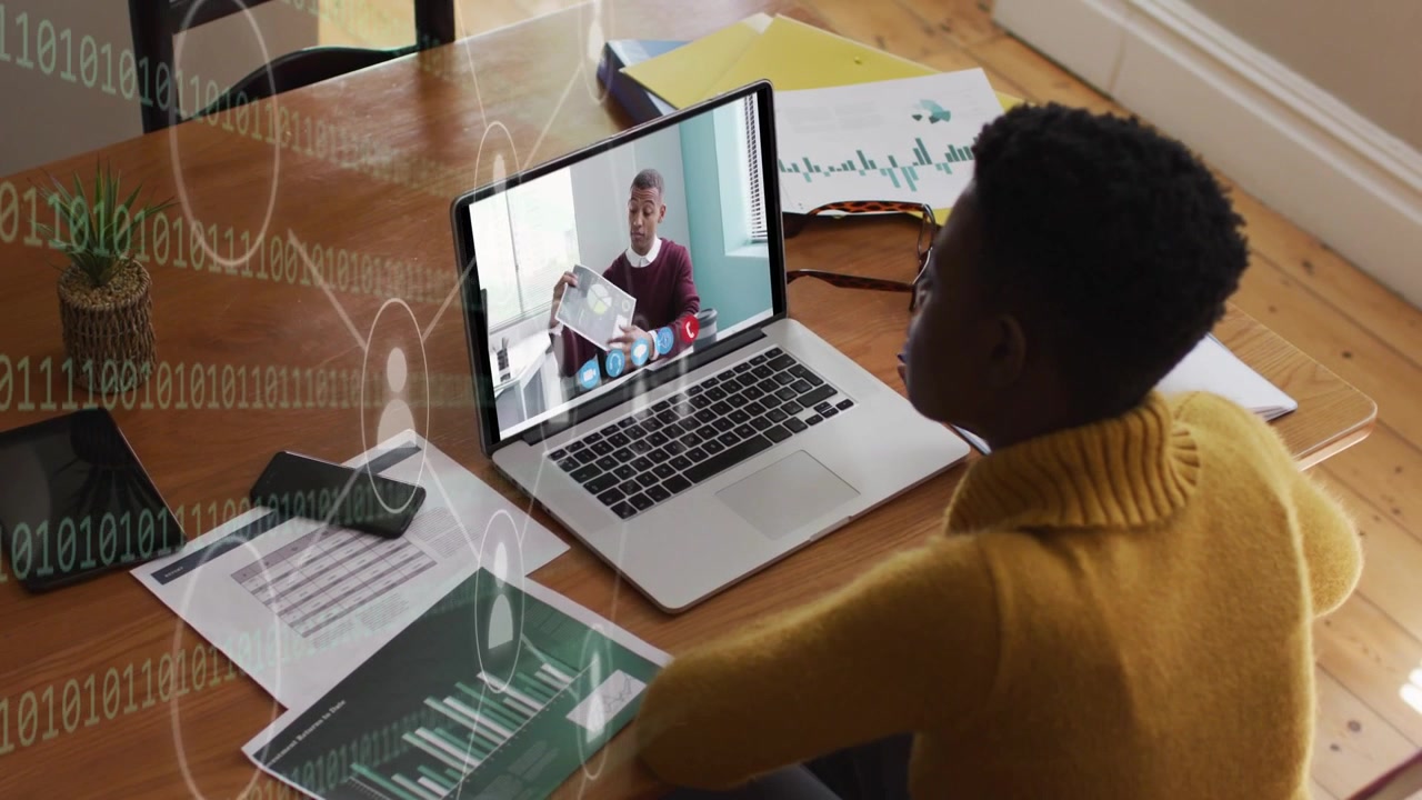 Woman at table receiving live call, reviewing business charts with left-side network overlay
