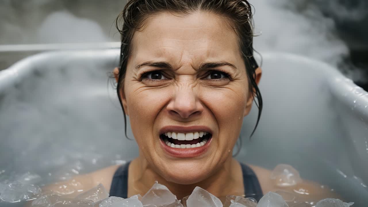 A Woman's Expression of Intense Discomfort in an Icy Bath: Capturing the Moment of Cold Shock and Emotional Reaction to the Ice Bath Experience