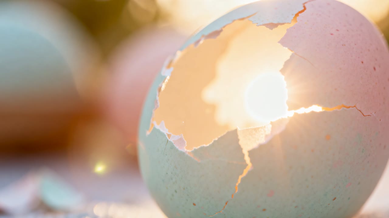 Shifting sunlight behind pale blue-green eggshell making interior glow on tabletop, with lens flare