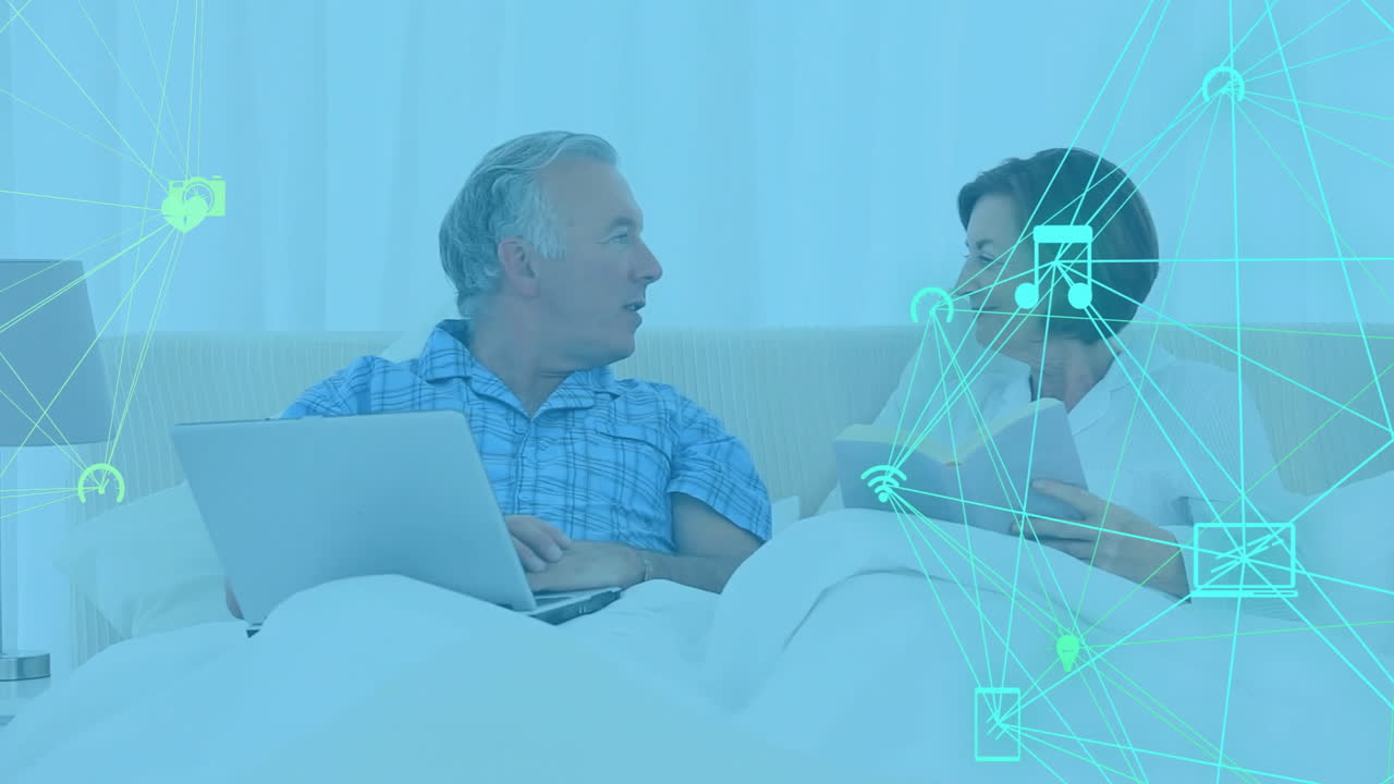 Network of connections and data processing animation over couple using laptop in bed