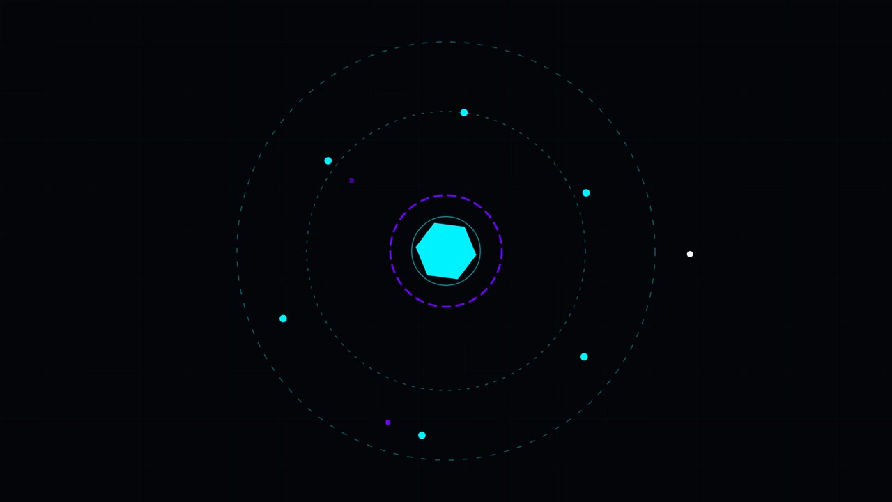 Abstract Digital Hexagon Rotating with Orbiting Particles