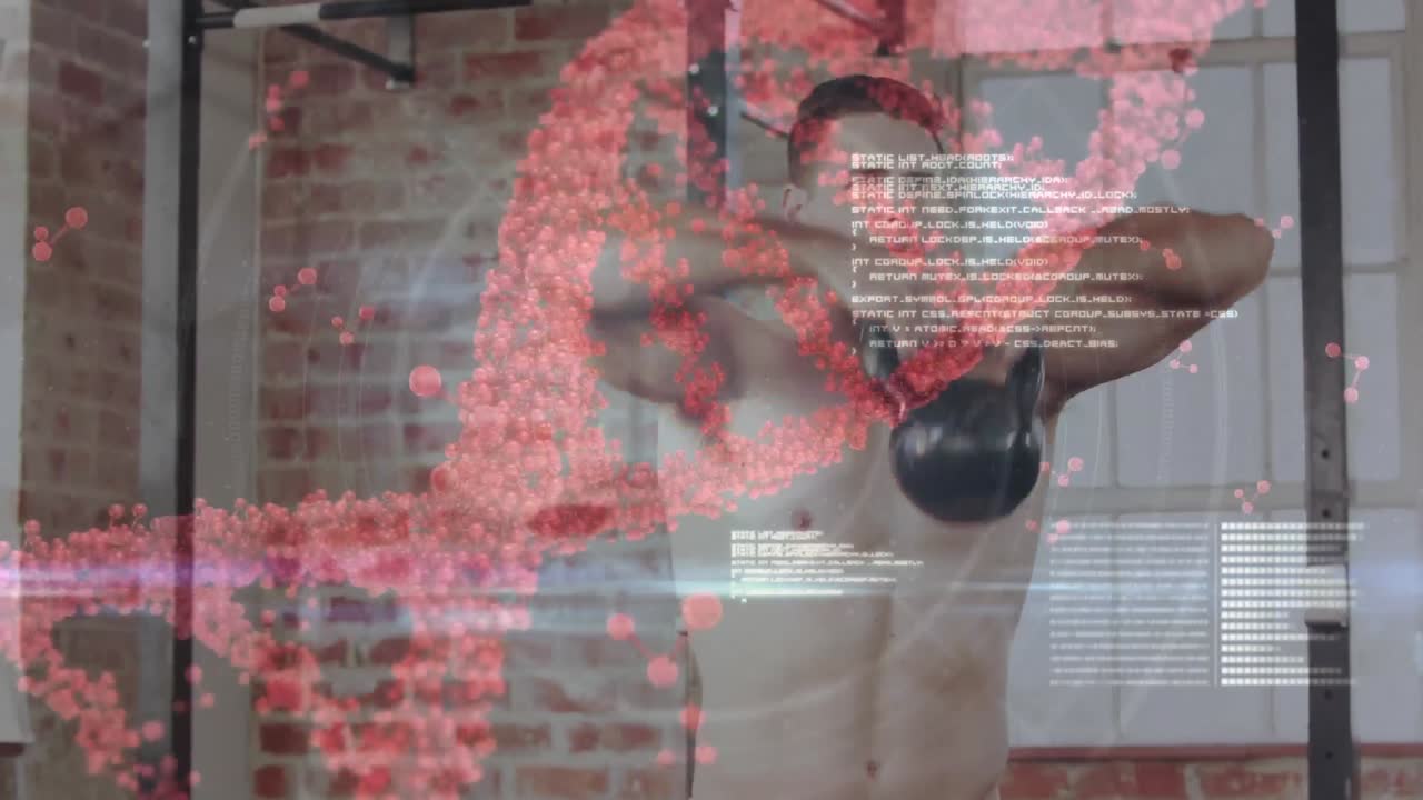 체육관에서 케틀벨과 함께 운동하는 백인 체력있는 남자에 대한 의료 데이터 처리