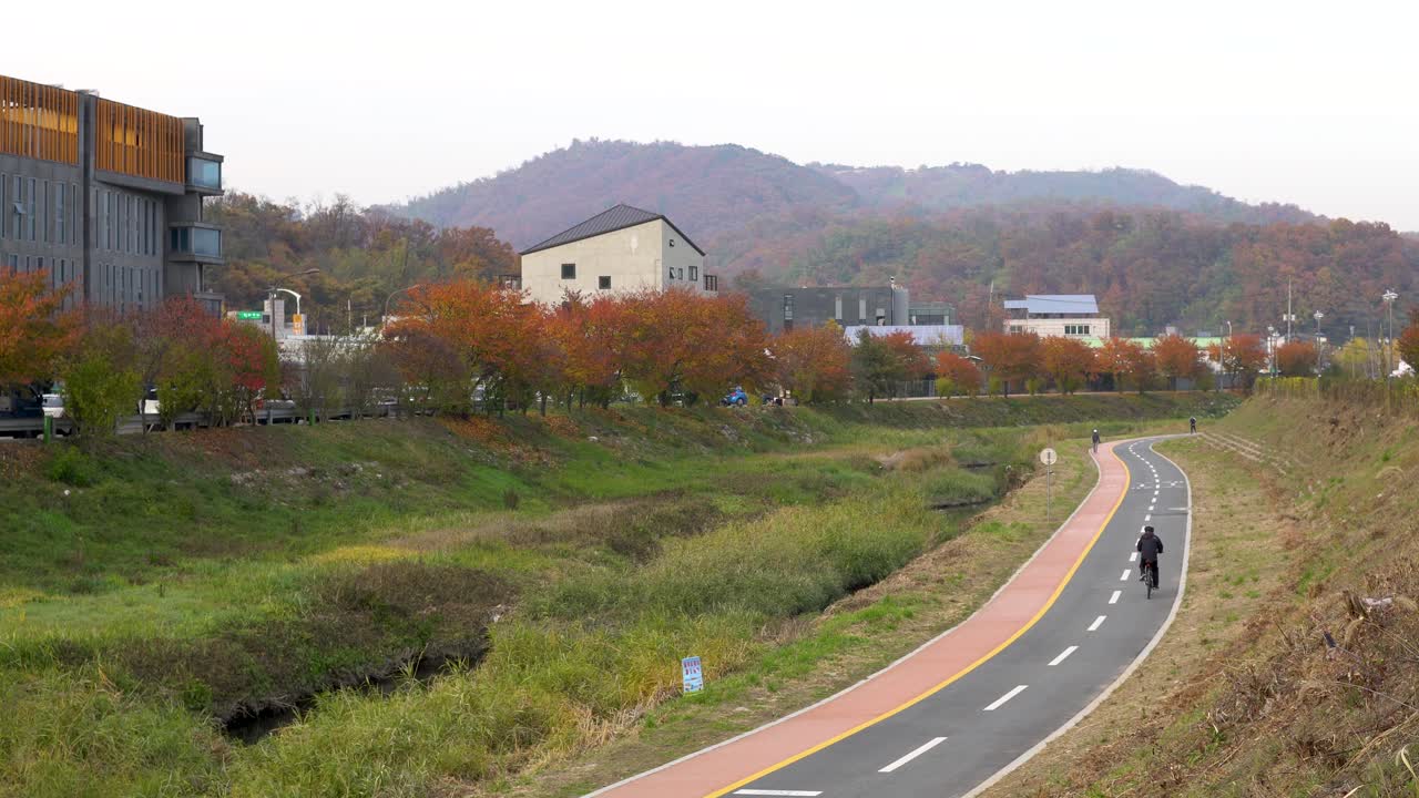 언덕에서 자전거 도로를 바라보며 자전거를 타는 사람들