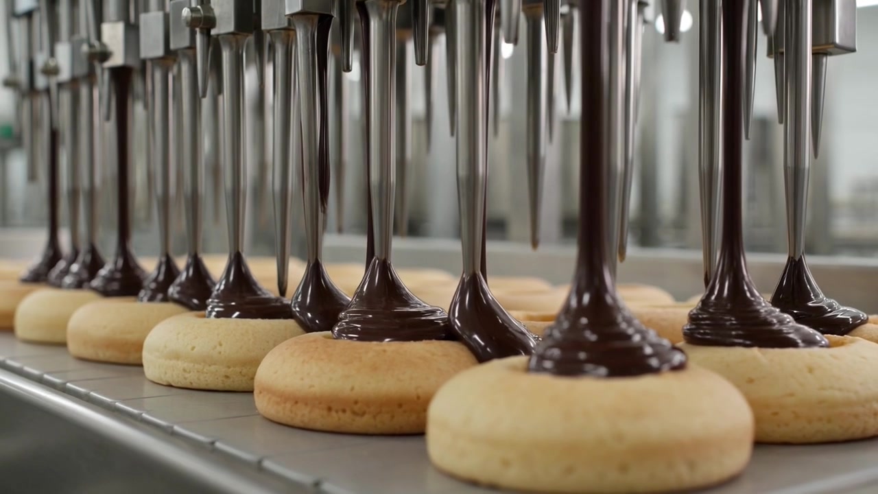 Automated Industrial Machine Filling Donuts with Chocolate Glaze
