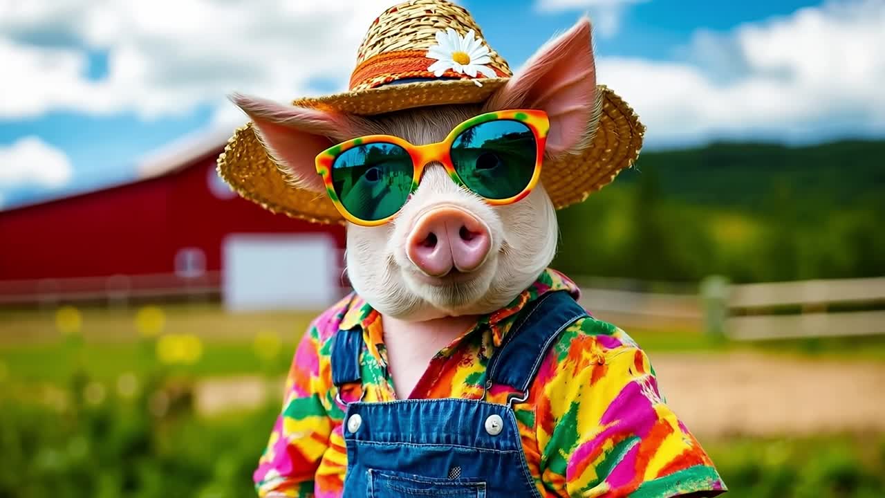 un cerdo con un sombrero de paja y gafas de sol en un campo