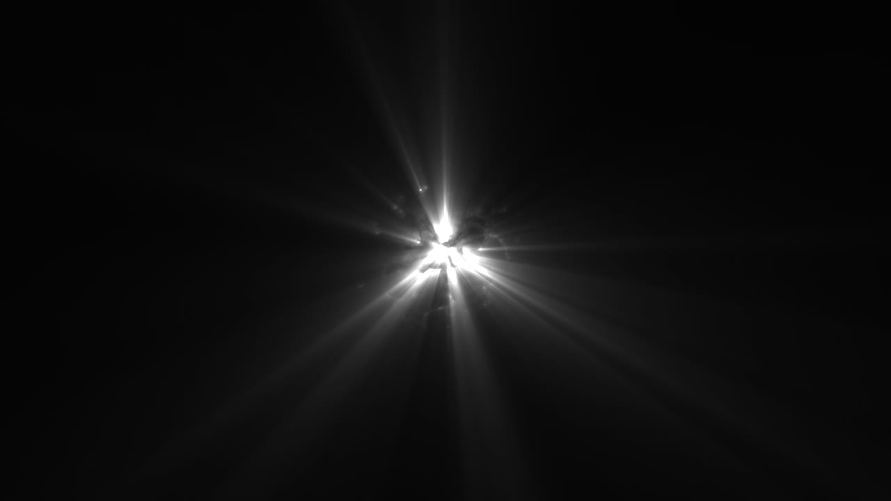 White Glowing Energy Orb Emitting Moving Light Rays From Central Point from Darkness. Abstract Energy Flares Shining on Black Background. UFO Alien Style Effect