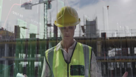 animación del procesamiento de estadísticas sobre arquitectas que mantienen planes en el sitio de construcción