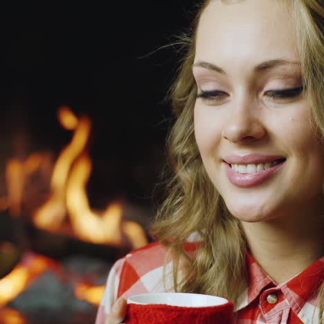 a young woman drinks tea by the burning fireplace