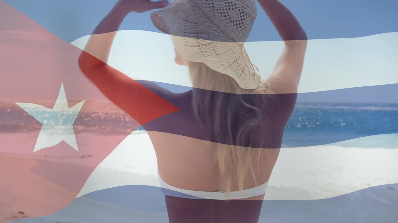 Animation of woman in white bikini on beach with Cuban flag overlay