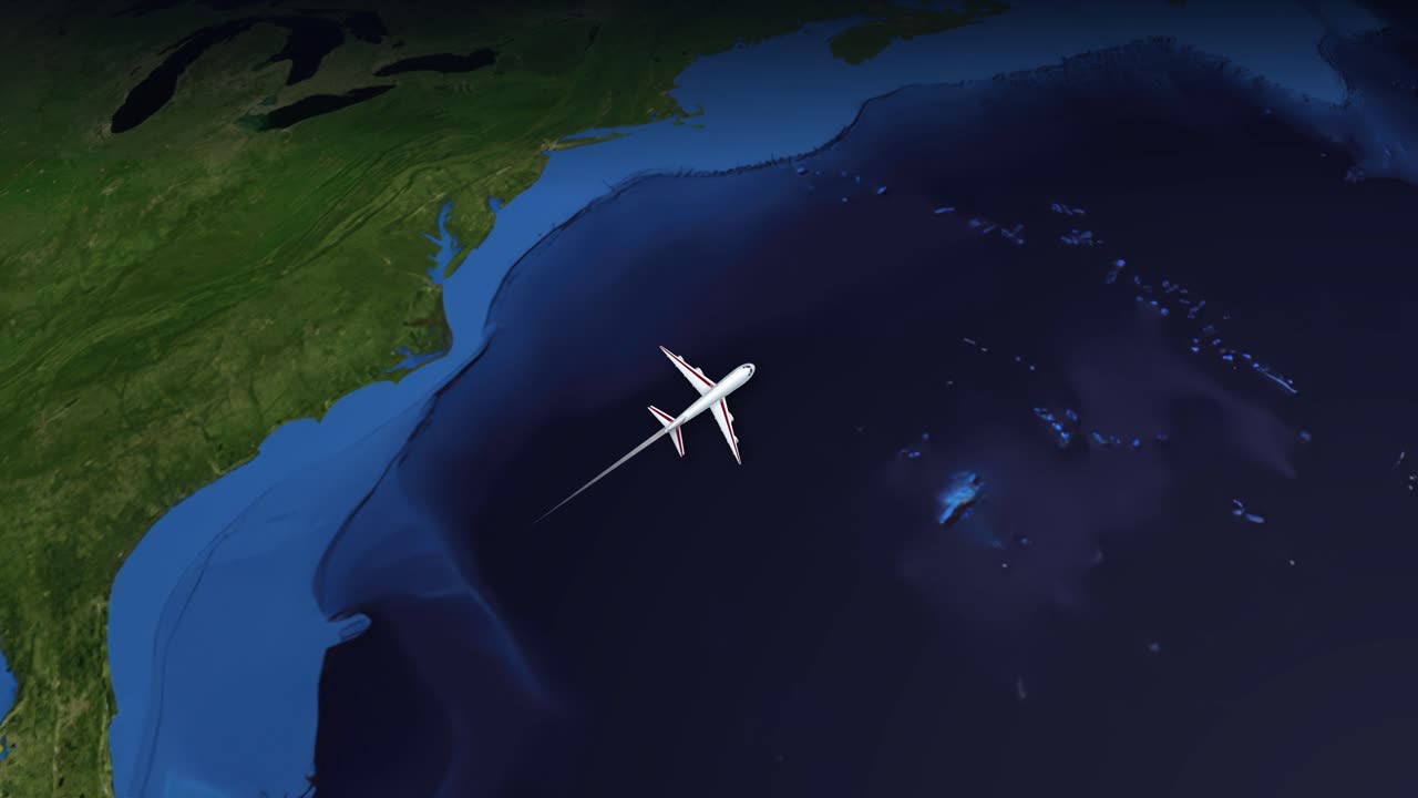 Satellitvisningsanimation sporer et kommercielt fly, der flyver fra Florida over Atlanten til Tyskland.
